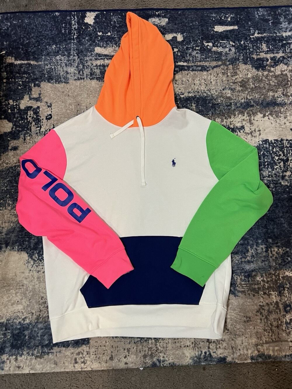 Size XL- Polo Ralph Lauren Men's Neon Green Pink Fleece Colorblock Hoodie